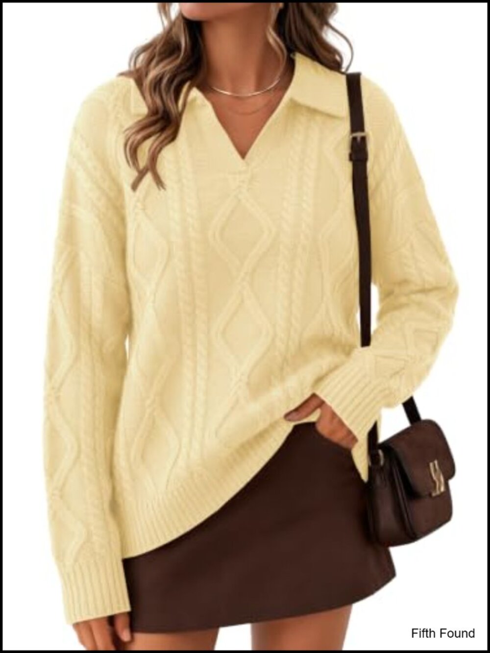 Womens Oversized Cable Knit Sweater V Neck Polo Pullover Long Sleeve